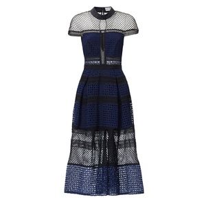 SELF-PORTRAIT Navy Crosshatch Guipure Lace Midi